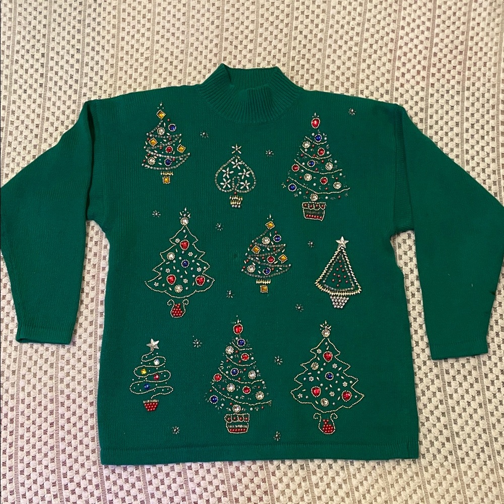 Vintage Green Embellished Christmas Tree Turtleneck Sweater